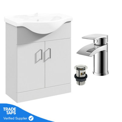 White 650mm Floor Standing 2-Door Vanity Unit & Round Basin with Round Chrome Tap