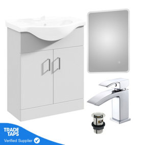 White 650mm Floor Standing 2-Door Vanity Unit & Round Basin with Square Chrome Tap and Ambient Mirror