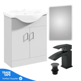 White 650mm Floor Standing 2-Door Vanity Unit & Round Basin with Square Matt Black Tap and Ambient Mirror