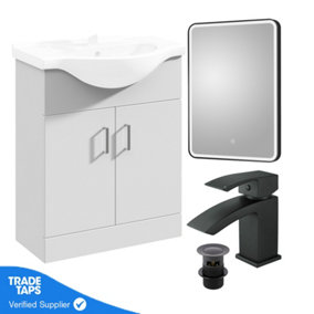 White 650mm Floor Standing 2-Door Vanity Unit & Round Basin with Square Matt Black Tap and Black Framed Mirror