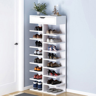 White 9 Tier Narrow Shoe Storage Cabinet with Drawer - Standing Shoe Rack Unit for Hallway