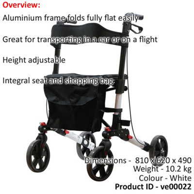 White Aluminium 4 Wheel Rollator Walking Aid - Flat Folding - 136kg Weight Limit