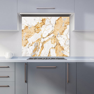 White And Gold Quartz Effect Premium Glass Kitchen Splashback W900mm x H750mm