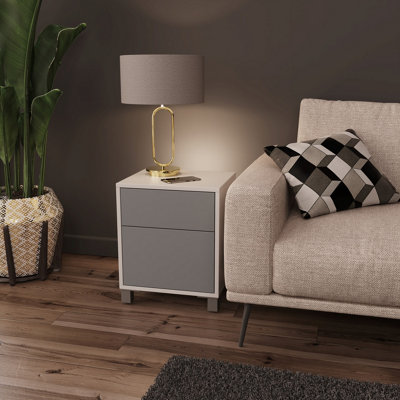 White and grey side table with wireless phone charging and Alexa or app operated LED mood lighting