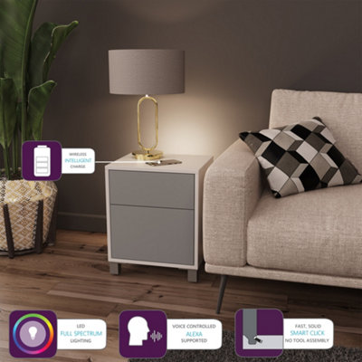 White and grey side table with wireless phone charging and Alexa or app operated LED mood lighting