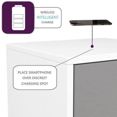 White and grey side table with wireless phone charging and Alexa or app operated LED mood lighting