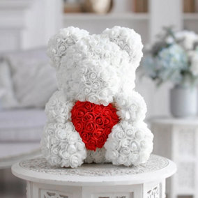 White and Red Artificial Rose Teddy Bear Festivals Gift with Box and LED Light 40 cm