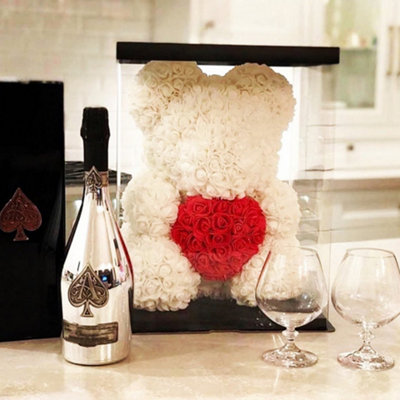 White and Red Artificial Rose Teddy Bear with Gift Box for Festivals