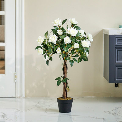 White Artificial Rose Flower Tree Fake Plant House Plant in Black Pot H 90 cm