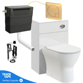 White Back to Wall WC Toilet Unit 500mm with Cistern and Brushed BrassFlush Plate