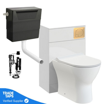 White Back to Wall WC Toilet Unit 500mm with Cistern and Brushed BrassFlush Plate