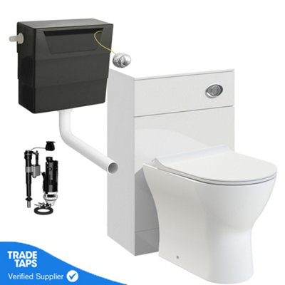 White Back to Wall WC Toilet Unit 500mm with Cistern and Chrome Button Flush Plate, WC not included