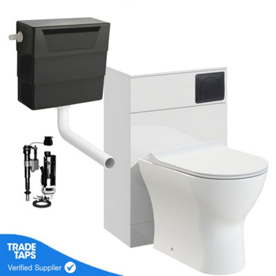 White Back to Wall WC Toilet Unit 500mm with Toilet Pan, Cistern and Matt Black Flush Plate