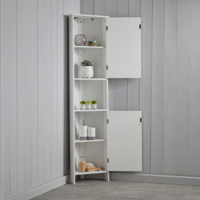 White storage cabinet with outlet shelves