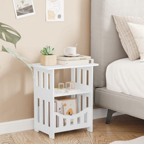 White Bedside Table, Small End Table with Storage Shelf Basket, Side Table Small Spaces, Slim Coffee Tables