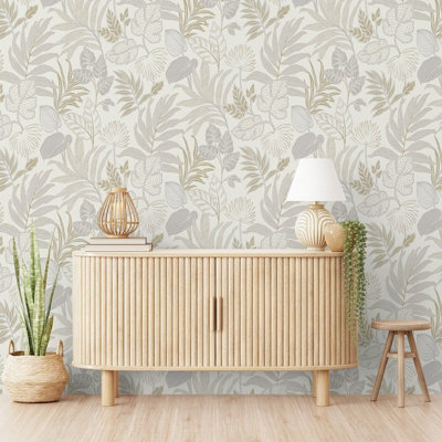 White Beige Floral Wallpaper Textured, Washable, Strippable, Paste the Wall (Full Roll)