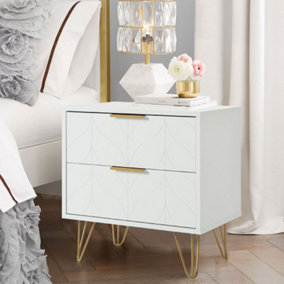 White Beside Table, Geometric Nightstand with 2 Carved Front Drawers for Bedroom, Living Room, Salon and Office, 1PC