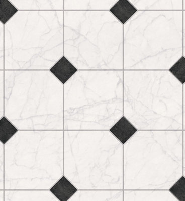 White Black Designer Effect Anti-Slip Vinyl Flooring For LivingRoom, Kitchen, 3.8mm Vinyl Sheet-2m(6'6") X 2m(6'6")-4m²