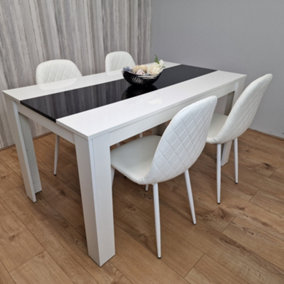 White Black Dining Table Wooden with 4 White Stitched Leather Chairs Set