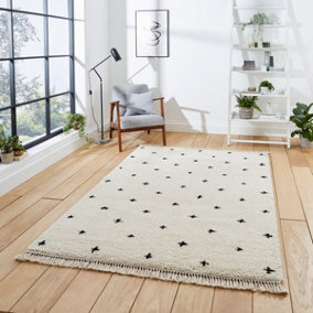 White Black Dotted Modern Abstract Kilim Shaggy Moroccan Dining Room Rug-120cm X 170cm