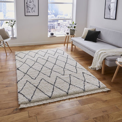 White/Black Kilim Modern Chequered Moroccan Shaggy Rug for Living Room Bedroom and Dining Room-200cm X 290cm