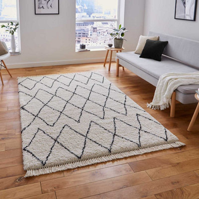 White/Black Kilim Modern Chequered Moroccan Shaggy Rug for Living Room Bedroom and Dining Room-200cm X 290cm