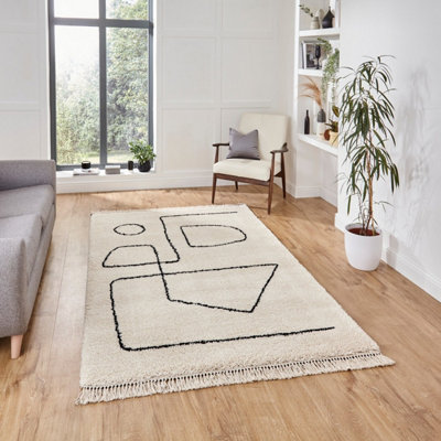 White Black Modern Abstract Kilim Shaggy Moroccan Dining Room Rug-160cm X 220cm