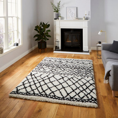 White Black Modern Geometric Shaggy Moroccan Easy To Clean Dining Room Rug-120cm X 170cm