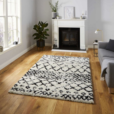 White Black Shaggy Geometric Modern Moroccan Easy to Clean Rug for Living Room, Bedroom and Dining Room-120cm X 170cm