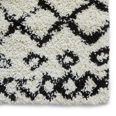 White Black Shaggy Geometric Modern Moroccan Easy to Clean Rug for Living Room, Bedroom and Dining Room-120cm X 170cm