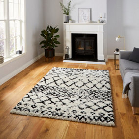 White Black Shaggy Geometric Modern Moroccan Easy to Clean Rug for Living Room, Bedroom and Dining Room-200cm X 290cm