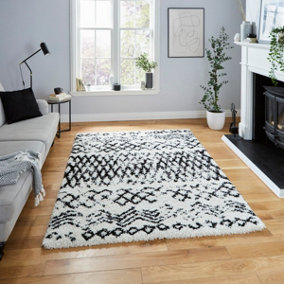White Black Shaggy Geometric Moroccan Shaggy Modern Easy to clean Rug for Dining Room-120cm X 170cm