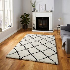White Black Shaggy Moroccan Modern Geometric Rug for Living Room Bedroom and Dining Room-120cm X 170cm