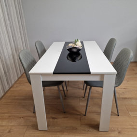 White Black Wooden Dining Table with 4 Grey Stitched Leather Chairs Set