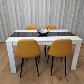 White Black Wooden Dining Table with 4 Mustard Stitched Leather Chairs Set