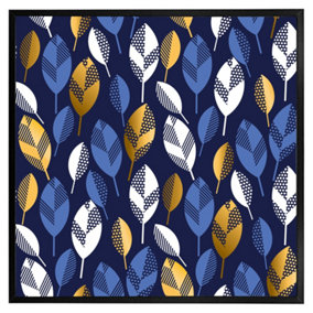 White, blue & gold leaves on navy background (Picutre Frame) / 20x20" / Brown