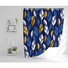 White, Blue & Gold Leaves on Navy Background (Shower Curtain) / Default Title