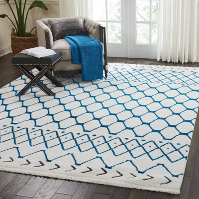 White Blue Shaggy Modern Moroccan Geometric Rug Easy to clean Living ...