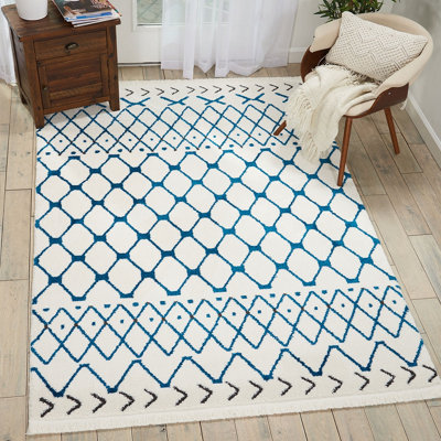 White Blue Shaggy Modern Moroccan Geometric Rug Easy to clean Living Room Bedroom and Dining Room-160cm X 221cm