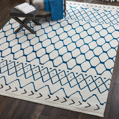 White Blue Shaggy Modern Moroccan Geometric Rug Easy to clean Living Room Bedroom and Dining Room-160cm X 221cm