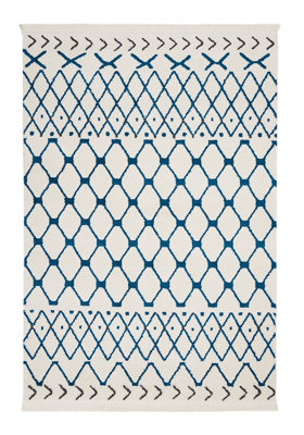 White Blue Shaggy Modern Moroccan Geometric Rug Easy to clean Living Room Bedroom and Dining Room-160cm X 221cm