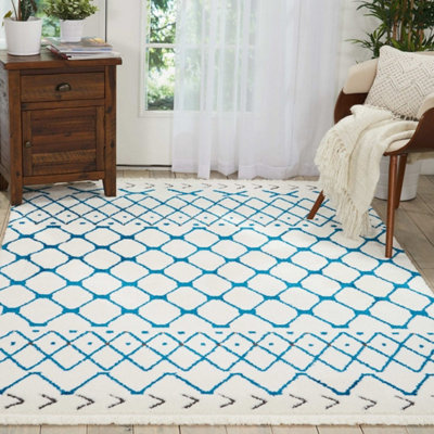 White Blue Shaggy Modern Moroccan Geometric Rug Easy to clean Living Room Bedroom and Dining Room-239cm X 320cm