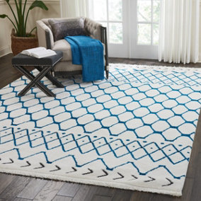 White Blue Shaggy Modern Moroccan Geometric Rug Easy to clean Living Room Bedroom and Dining Room-66 X 229cm (Runner)