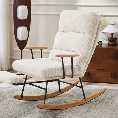 White Boucle Fabric Rocking Chair with Adjustable Recline & Footrest, Metal Legs & Wood Base