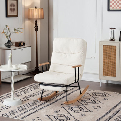 White Boucle Fabric Rocking Chair with Adjustable Recline