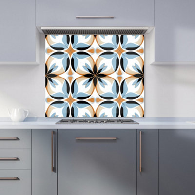 White Brown and Blue Geometric Pattern Premium Glass Kitchen Splashback W600mm x H600mm