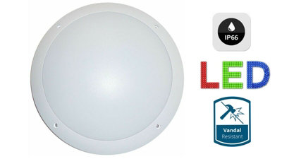 WHITE BULKHEAD LIGHT C/W MEGAMAN 10.5W LED LAMP ROUND IP66 QUALITY CEILING OR WALL MOUNT