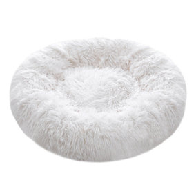 White Calming Round Donut Plush Dog Cuddler Bed 60cm Dia x 20cm H