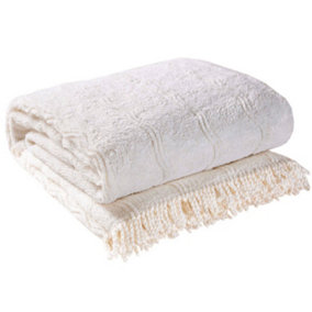 White Candlewick Bedspread - Soft & Lightweight 100% Cotton Bedding with Wave Design & Fringed Edges - Size Double, 200 x 200cm