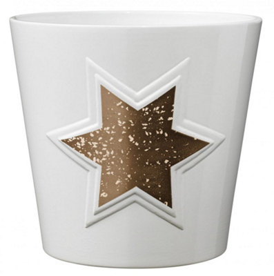 White Ceramic Copper Star Design Indoor Plant Pot. H13 cm